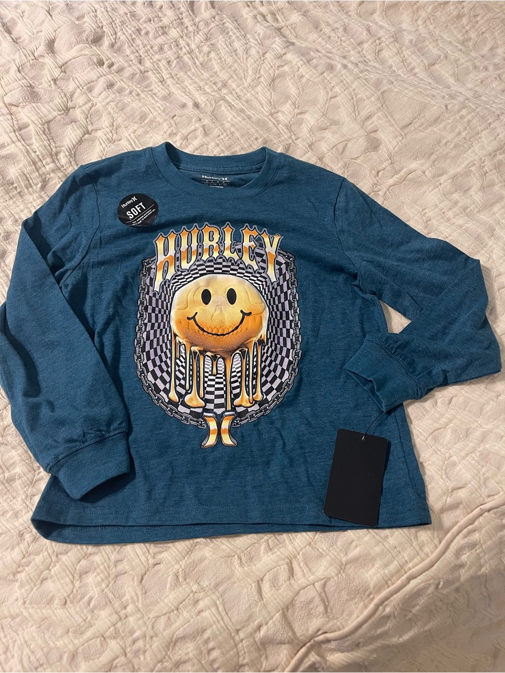 Hurley Teal Blue Long-Sleeve Graphic Tee with Yellow Smiley